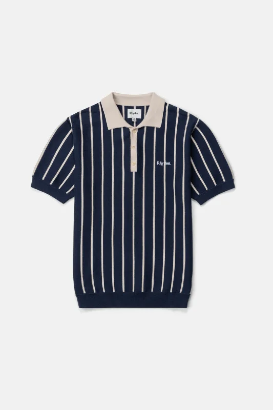 Striped Knit Ss Polo Navy