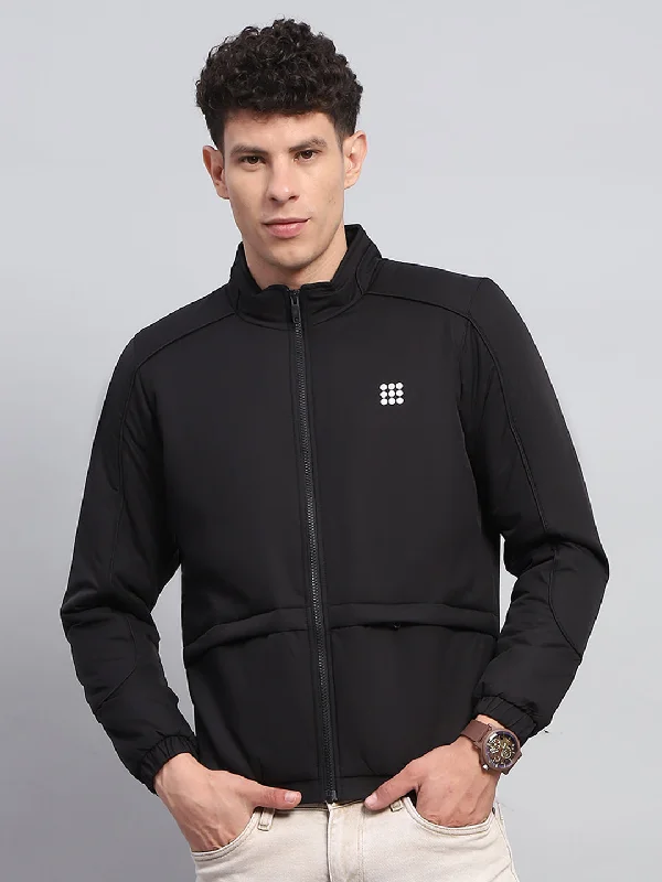 Men Black Solid Mock Neck Full Sleeve Jacket