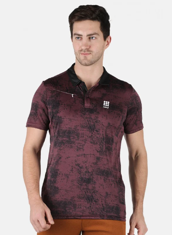 Men Maroon Self Design Collar T-Shirt