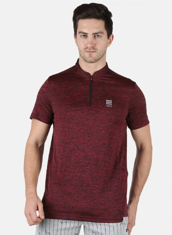 Men Maroon Self Design Collar T-Shirt