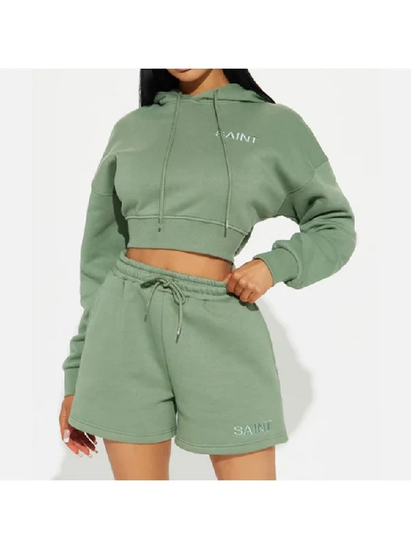 Cropped Embroidery Hooded Short Sets