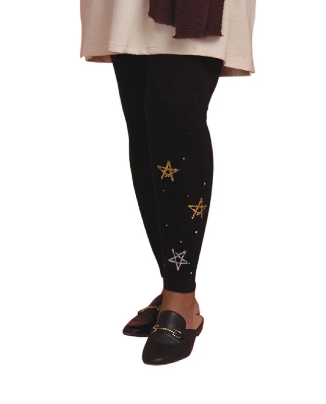 Plus Size Hand-Painted Cotton Leggings In Black Star